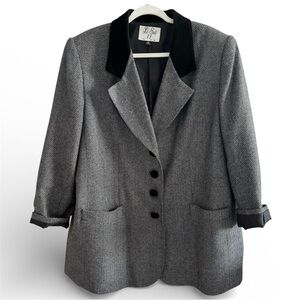 Vintage Le Suit Paris Blazer Herringbone Gray Velvet Collar